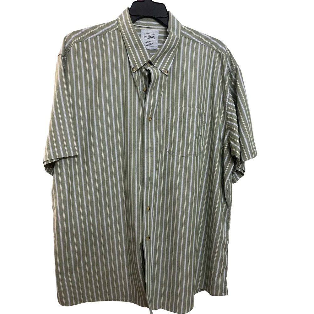 LLBean Mens‎ XXL Reg Short Sleeve Button Down Shirt Green White Stripe Cotton